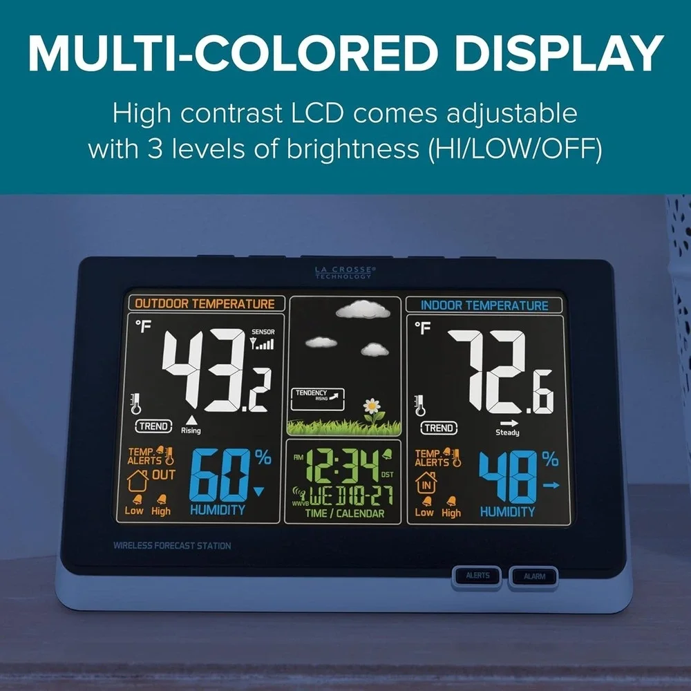 Weather Station La‎ Crosse Full Color Display Atomic Clock Indoor Outdoor Sensor